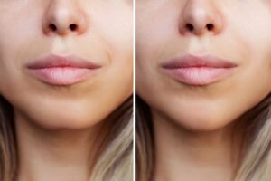 Woman’s chin before and after receiving facial implant